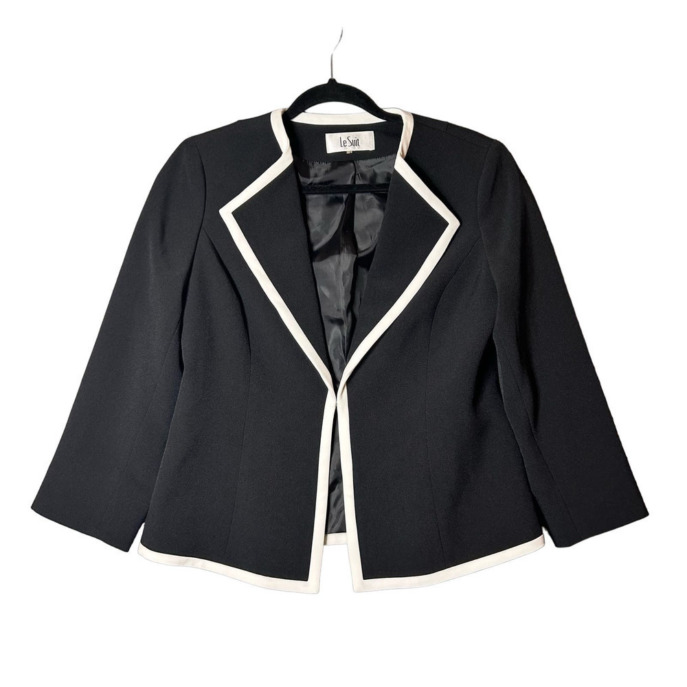 Le‎ Suit Blazer Womens 4 Black White Wing Collar 3/4 Sleeve MSRP $248 NEW